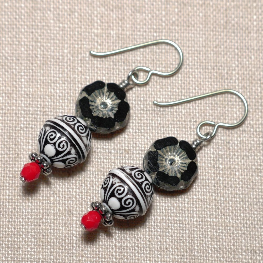 Hand Crafted Handmade Earrings Black, White, & Red Mexican-Inspired Earr…